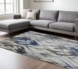8' X 11' Grey Navy Machine Woven Oversized Leaves Indoor Area Rug