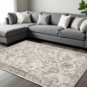 8' X 10' Ivory Machine Woven Distressed Floral Traditional Indoor Area Rug