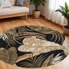 8' Midnight Black Hand Tufted Tropical Leaves Round Indoor Area Rug