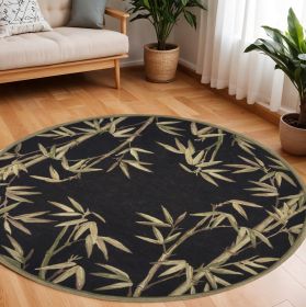 8' Black Hand Tufted Bordered Tropical Bamboo Round Indoor Area Rug