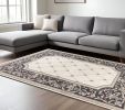 9' X 12' Ivory Grey Bordered Floral Indoor Area Rug