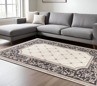 9' X 12' Ivory Grey Bordered Floral Indoor Area Rug