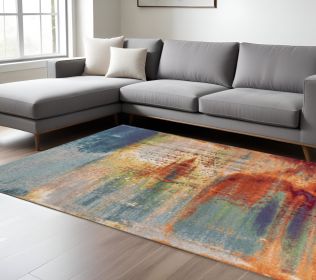 10' X 13' Blue Rust Orange Machine Woven Abstract Brushstrokes Indoor Area Rug