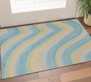 3' X 5' Ocean Blue Beige Hand Tufted Abstract Waves Indoor Area Rug