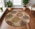 8' Sage Green Machine Woven Floral Medallion Disk Round Indoor Area Rug