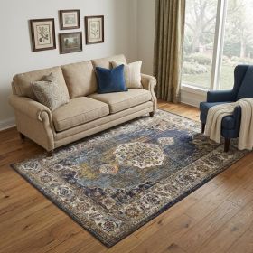 5' X 8' Navy Vintage Medallion Bordered Indoor Area Rug