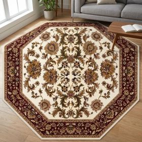 7' Octagon Ivory Or Red Floral Bordered Indoor Area Rug