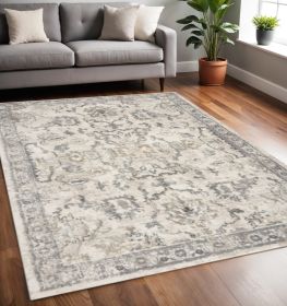 5' X 8' Ivory Machine Woven Distressed Floral Traditional Indoor Runner Rug