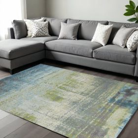 7' X 10' Blue Green Machine Woven Abstract Brushstroke Indoor Area Rug