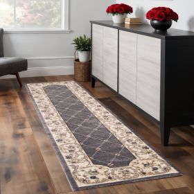8' Grey Ivory Bordered Floral Indoor Runner Rug