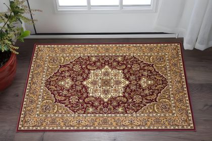 3' X 5' Red Beige Machine Woven Floral Medallion Indoor Area Rug