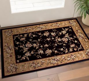 3' X 5' Black Beige Machine Woven Floral Vines Indoor Area Rug