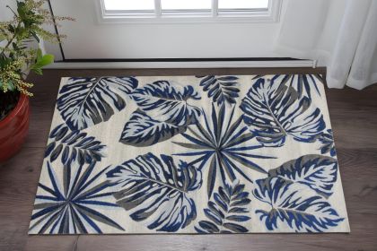 3' X 5' Blue and Gray Botanical Leaves Area Rug