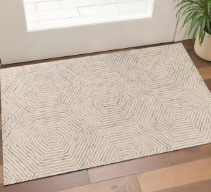 3' X 5' Ivory Geometric Hexagon Wool Area Rug