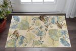 3' X 4' Ivory Blue Hand Tufted Tropical Leaves Indoor Area Rug