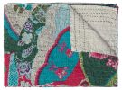 50" X 70" Green and Pink Kantha Cotton Abstract Throw Blanket with Embroidery