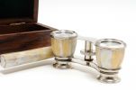 Elegant Mother Of Pearl Opera Glasses In Wood Storage Box