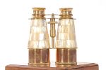 Elegant Brass And Mother Of Pearl Binoculars In Wooden Storage Box