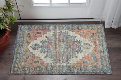 3' X 5' Teal Blue Medallion Hand Woven Distressed Area Rug