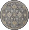 9' Slate Grey Machine Woven Bordered Floral Vines Round Indoor Area Rug