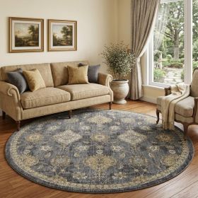 9' Slate Grey Machine Woven Bordered Floral Vines Round Indoor Area Rug