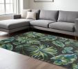 8' X 11' Grey Teal Machine Woven Oversized Tropical Leaves Indoor Area Rug