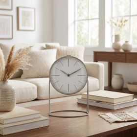 Gray Metal Circular Desk Table Clock Equipped With A Quartz Movement