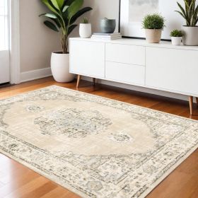 4' X 6' Beige And Ivory Center Jewel Area Rug