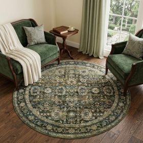 7' Round Green And Brown Floral Area Rug