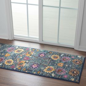 6' Blue And Orange Floral Power Loom Runner Rug