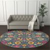 8' Blue And Orange Round Floral Power Loom Area Rug