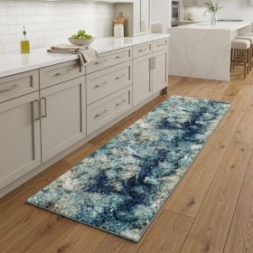 8' Ivory And Blue Abstract Power Loom Runner Rug