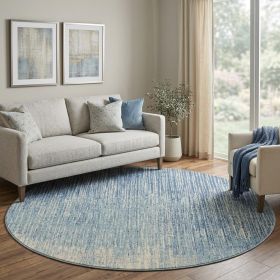 8' Blue and Ivory Abstract Power Loom Round Rug