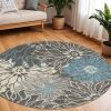 8' Blue And Gray Round Floral Power Loom Area Rug