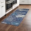 8' Blue And Ivory Floral Power Loom Runner Rug