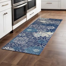 8' Blue And Ivory Floral Power Loom Runner Rug