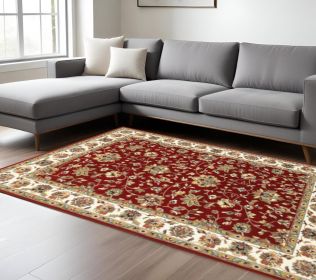 7' X 10' Red Ivory Machine Woven Floral Oriental Indoor Area Rug
