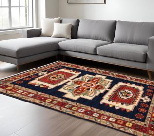 6' X 9' Blue Red Machine Woven Medallions Indoor Area Rug