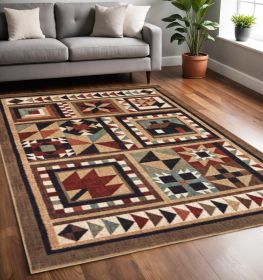 5' X 7' Brown And Red Ikat Patchwork Area Rug