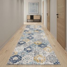 10' Runner Blue and Yellow Floral Runner Rug