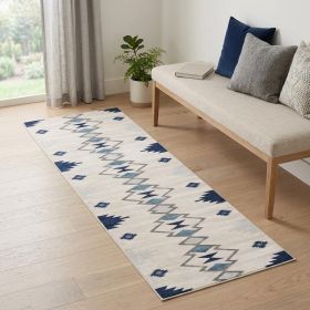 6' Runner Blue and Ivory Southwestern Area Rug