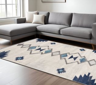 9' X 13' Navy and Ivory Tribal Pattern Area Rug