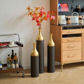 3-Piece Handcrafted Metal Floor Vase Set, Black & Gold Honeycomb Pattern Vases (24.8"/30.31"/34.25") for Living Room Entryway