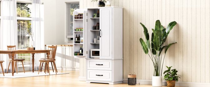 K&K 71" Farmhouse Kitchen Pantry Cabinet with 2 Large Drawers