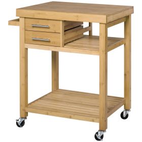 Bamboo Kitchen Island Cart on Wheels - Utility Trolley with 2 Drawers & Open Shelves, Bamboo Tone