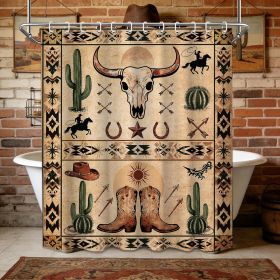 Western Aztec Shower Curtain Bull Skull Cowboy Cactus Vintage Country Bathroom Decor, Waterproof Cloth Fabric with Hooks 70" W x 72" L