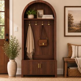 Arched Top Hall Tree with Bench and Shoe Storage,mudroom bench with storage,70.3"Arch Coat Rack with 4 Metal Hooks and 2 Fluted Doors