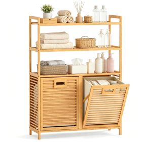 Natural Bamboo Tilt Out Laundry Hamper Cabinet with 2 Removable 7 Gallon Fabric Baskets