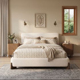 Elegant terry upholstered bed with dark brown solid wood legs, luxurious and comfortable bedroom centerpiece, queen size, white