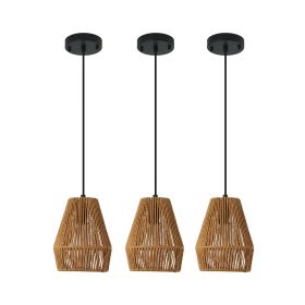 7" Set of 3 Rustic Hemp Rope Pendant Light, Handcrafted Farmhouse Hanging Light Fixture, Adjustable Height Ceiling Lamp for Kitchen Island